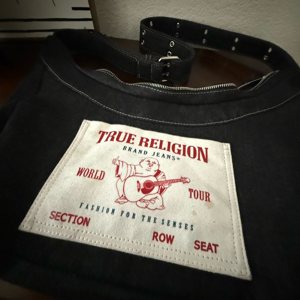 True Religion Black Canvas Shoulder Bag with White Patch and Red/Blue Logo